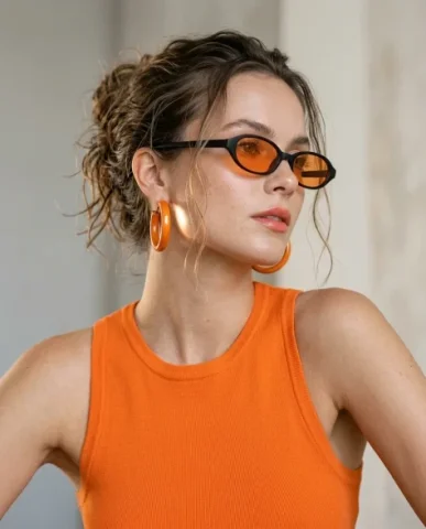 High-Fashion Editorial Portrait with Vivid Tangerine Accents 3 — Nano Banana AI Prompt: Makeup is soft natural glam: radiant natural glow on the skin, light mascara wit...
