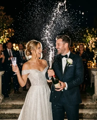 Luxury Champagne Celebration Wedding Campaign 1 — Nano Banana AI Prompt: The camera focuses on the champagne spray frozen between the bride and groom — i...