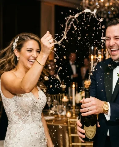Luxury Champagne Celebration Wedding Campaign 2 — Nano Banana AI Prompt: Both subjects maintain their exact identities — no blending. The bride wears her...