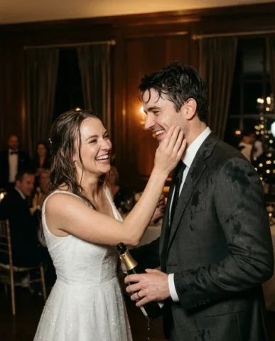 Luxury Champagne Celebration Wedding Campaign 6 — Nano Banana AI Prompt: The bride and groom are centered in the dark elegant space, occupying roughly tw...