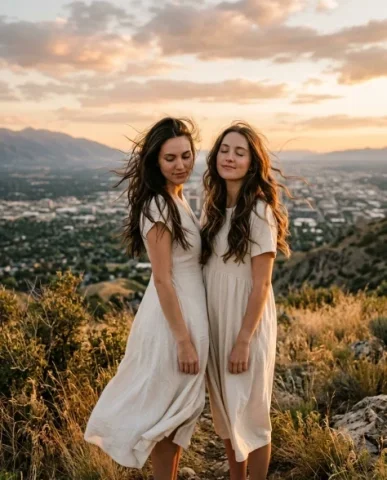 Golden Hour Hilltop Portrait of Two Friends 1 — Nano Banana AI Prompt: Both faces show visible pores and natural skin texture with no beauty smoothing....