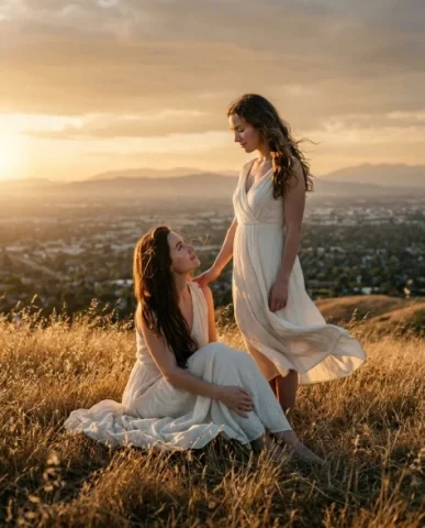 Golden Hour Hilltop Portrait of Two Friends 4 — Nano Banana AI Prompt: Both wear light cream and ivory dresses in soft flowing fabric — the seated woma...