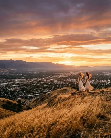 Golden Hour Hilltop Portrait of Two Friends 5 — Nano Banana AI Prompt: Two small figures stand on the hilltop in the mid-ground — both women in light c...