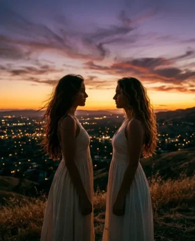 Golden Hour Hilltop Portrait of Two Friends 7 — Nano Banana AI Prompt: The first woman's long dark brown windswept hair and the second woman's long bro...
