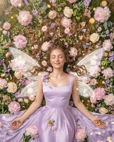 Dreamy Fairy Editorial Portrait in a Secret Garden 4 — Nano Banana AI Prompt: Her long wavy hair with natural volume fans outward in every direction, intertwi...