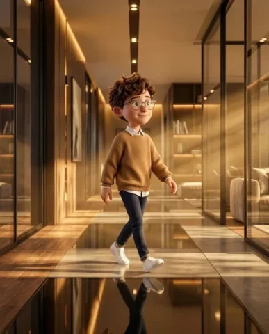 Chibi Boy in Luxurious Modern Loft — 3D CGI Portrait 3 — Nano Banana AI Prompt: Dramatic volumetric light rays stream in from the large windows on one side, cre...