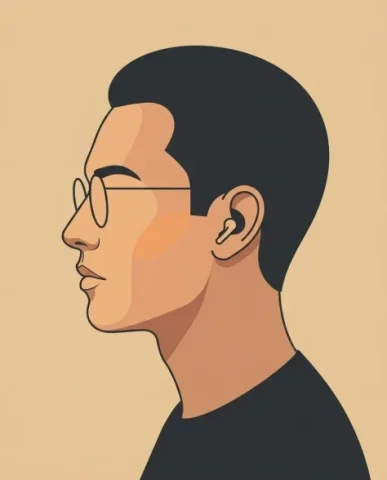 Cinematic Vector Fashion-Editorial Portrait for UI Identity 5 — Nano Banana AI Prompt: The portrait is smaller in the frame — occupying roughly forty percent of the im...