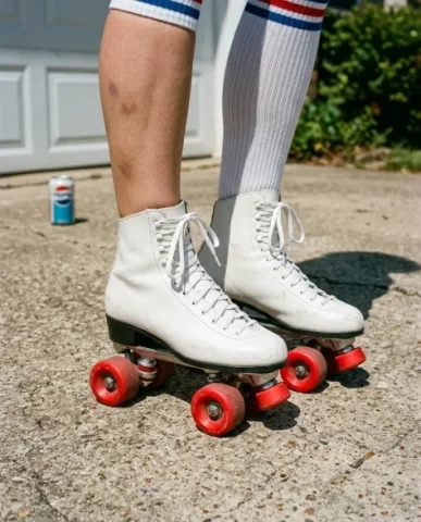 80s Retro Athleisure Roller Skate Portrait 3 — Nano Banana AI Prompt: An ultra-photorealistic close-up detail shot focused on the young woman's feet a...