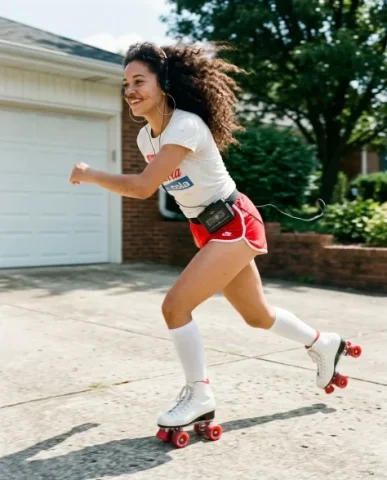 80s Retro Athleisure Roller Skate Portrait 4 — Nano Banana AI Prompt: An ultra-photorealistic RAW photograph capturing the young woman mid-glide on th...