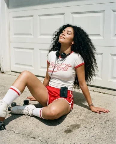 80s Retro Athleisure Roller Skate Portrait 5 — Nano Banana AI Prompt: An ultra-photorealistic RAW photograph of the young woman sitting on the paved c...