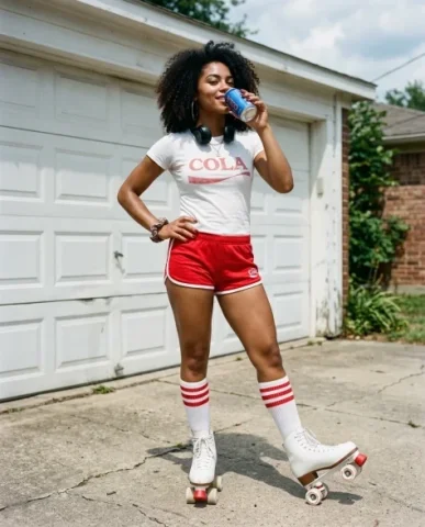80s Retro Athleisure Roller Skate Portrait 7 — Nano Banana AI Prompt: An ultra-photorealistic RAW photograph of the young woman standing in a toe-stop...