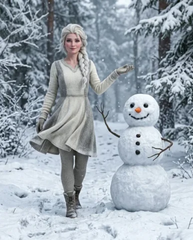 Cinematic Winter Portrait with Stylized Snowman Companion 1 — Nano Banana AI Prompt: Its material shows realistic snow light reflection with softened edges for chara...