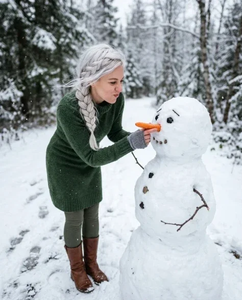 Cinematic Winter Portrait with Stylized Snowman Companion 3