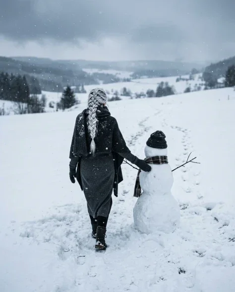 Cinematic Winter Portrait with Stylized Snowman Companion 4