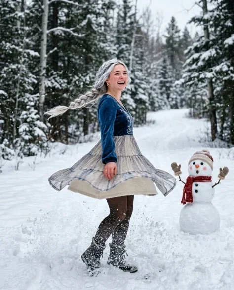 Cinematic Winter Portrait with Stylized Snowman Companion 7