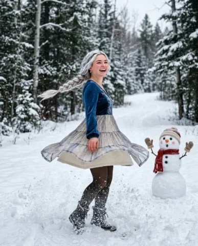 Cinematic Winter Portrait with Stylized Snowman Companion 7 — Nano Banana AI Prompt: Cinematic winter detail shot — tight crop on the stylized semi-real snowman's fa...