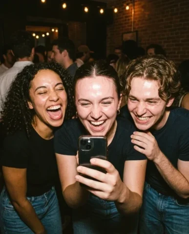 Vintage Flash Indoor Party Group Selfie 2 — Nano Banana AI Prompt: An indoor party selfie with vintage flash aesthetic — the same three subjects no...