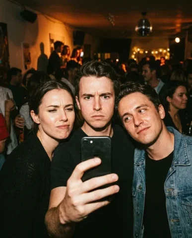 Vintage Flash Indoor Party Group Selfie 4 — Nano Banana AI Prompt: An indoor party selfie with vintage flash aesthetic — pulled back to a slightly...