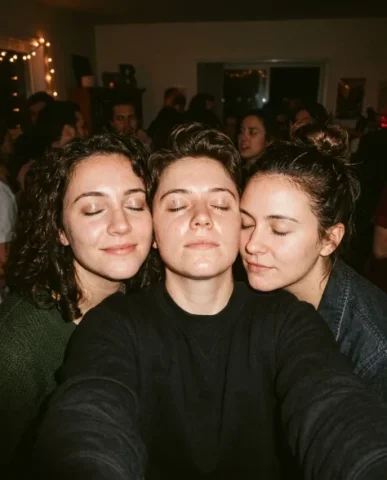 Vintage Flash Indoor Party Group Selfie 7 — Nano Banana AI Prompt: An indoor party selfie with vintage flash aesthetic — a candid moment where only...