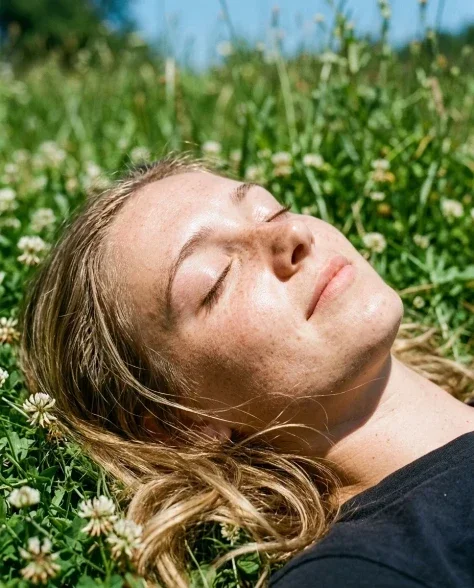 Photorealistic Close Portrait on Grass in Harsh Sunlight 3
