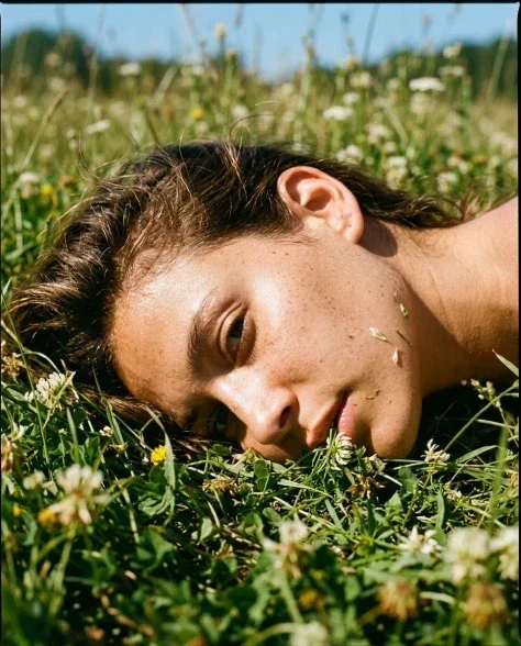 Photorealistic Close Portrait on Grass in Harsh Sunlight 4