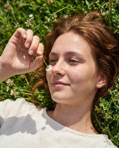 Photorealistic Close Portrait on Grass in Harsh Sunlight 5