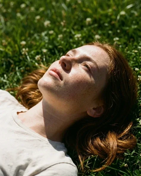 Photorealistic Close Portrait on Grass in Harsh Sunlight 6
