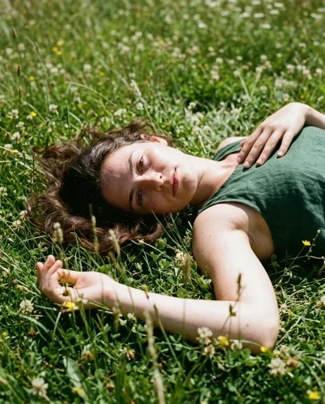 Photorealistic Close Portrait on Grass in Harsh Sunlight 7