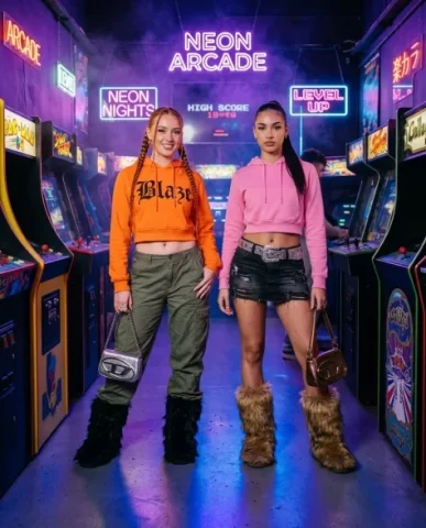 Retro Arcade Duo in Y2K Fashion — Three-Shot Series 1 — Nano Banana AI Prompt: Image two is a perspective arcade aisle: a medium-full shot from a slight side a...