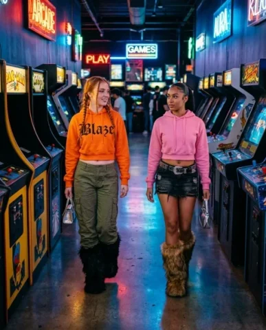 Retro Arcade Duo in Y2K Fashion — Three-Shot Series 2 — Nano Banana AI Prompt: The polished concrete floor reflects the neon signs as pools of vivid amethyst a...