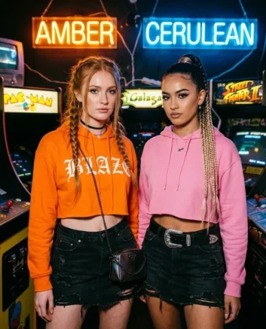Retro Arcade Duo in Y2K Fashion — Three-Shot Series 3 — Nano Banana AI Prompt: Both wear oversized shaggy faux-fur boots — one pair in solid black, the other i...