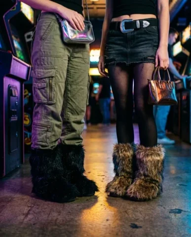 Retro Arcade Duo in Y2K Fashion — Three-Shot Series 7 — Nano Banana AI Prompt: Both wear oversized shaggy faux-fur boots — one pair in solid black, the other i...