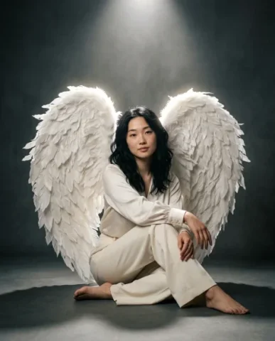Angel Wings Editorial Fashion Series — Four Settings 1 — Nano Banana AI Prompt: Fine atmospheric dust motes drift through the spotlight beam. The studio floor b...
