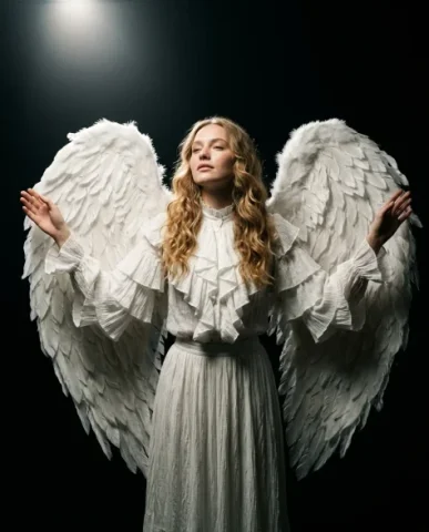 Angel Wings Editorial Fashion Series — Four Settings 2 — Nano Banana AI Prompt: She wears an elegant white ruffled high-neck blouse with long sleeves and a matc...