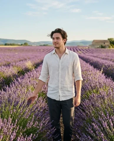 Cinematic Portrait in Lavender Field at Sunrise 1 — Nano Banana AI Prompt: Highly realistic cinematic portrait of a young man standing relaxed in a vast la...