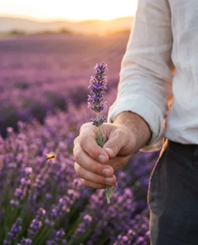 Cinematic Portrait in Lavender Field at Sunrise 6 — Nano Banana AI Prompt: Highly realistic cinematic detail shot — a young man's hand holding a freshly pi...