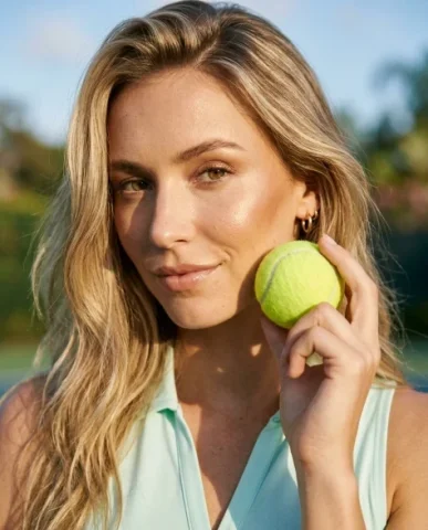 Luxury Tennis Editorial 2x2 Grid 6 — Nano Banana AI Prompt: She has long softly styled waves catching the golden backlight. She is shown at...