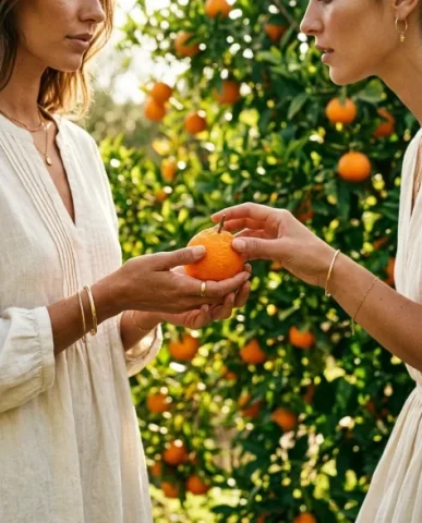 Luxury Citrus Orchard Fashion Editorial 3 — Nano Banana AI Prompt: The other pair of hands reaches toward the tangerine from the opposite side, fin...