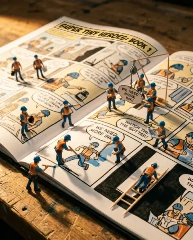 Miniature Characters Building Their Own Comic 1 — Nano Banana AI Prompt: Tiny tools left by the characters produce micro marks and paint smudges on the p...