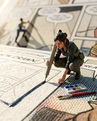 Miniature Characters Building Their Own Comic 2 — Nano Banana AI Prompt: The giant comic book lies open like a construction site. Mini characters are sca...