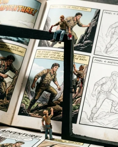Miniature Characters Building Their Own Comic 3 — Nano Banana AI Prompt: Extreme macro close-up from the comic book construction scene. A single miniatur...