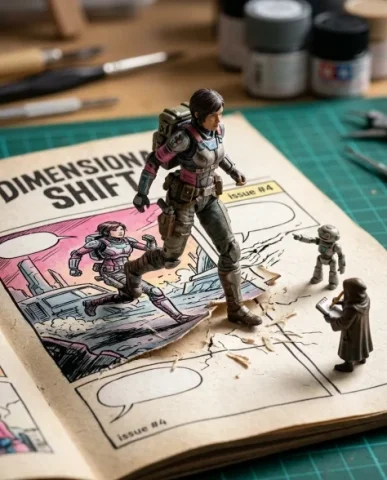 Miniature Characters Building Their Own Comic 4 — Nano Banana AI Prompt: Several miniature identical characters climb the thick black panel borders like...