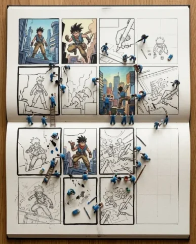 Miniature Characters Building Their Own Comic 5 — Nano Banana AI Prompt: The character's body shows the transition: the 3D-world half is fully rendered w...