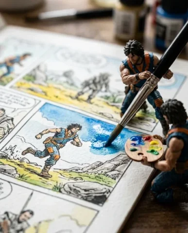 Miniature Characters Building Their Own Comic 6 — Nano Banana AI Prompt: Dozens of miniature identical characters are scattered across both pages like an...