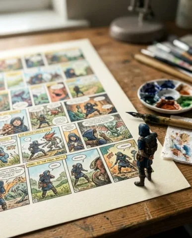 Miniature Characters Building Their Own Comic 7 — Nano Banana AI Prompt: Two miniature identical characters work together on coloring a comic panel. One...