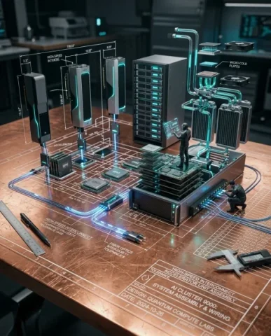 Technical Blueprint Transforming into AI Server Cluster 1 — Nano Banana AI Prompt: Multiple accelerator units — sleek graphite-black and brushed-aluminum modules w...