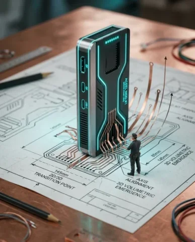 Technical Blueprint Transforming into AI Server Cluster 2 — Nano Banana AI Prompt: Circuit traces lift from the printed lines on the blueprint paper, transitioning...