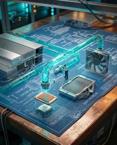 Technical Blueprint Transforming into AI Server Cluster 3 — Nano Banana AI Prompt: Cold plates emerge from the diagram and attach magnetically to processing units...