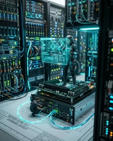 Technical Blueprint Transforming into AI Server Cluster 4 — Nano Banana AI Prompt: The engineers are tiny against the server hardware that towers above them. The b...