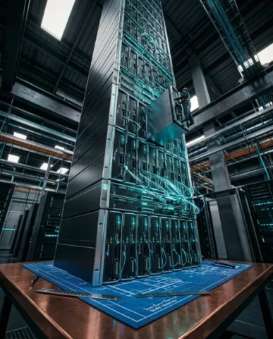 Technical Blueprint Transforming into AI Server Cluster 5 — Nano Banana AI Prompt: Compute blades stack upward with mechanical precision — graphite-black modules w...